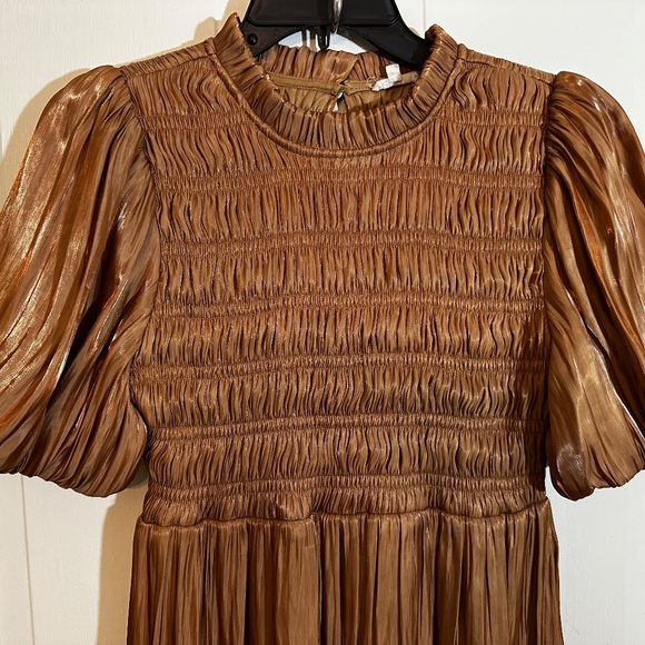 Copper Metallic Smocked Puff Sleeve Party Holiday Dress - Picture 2 of 10